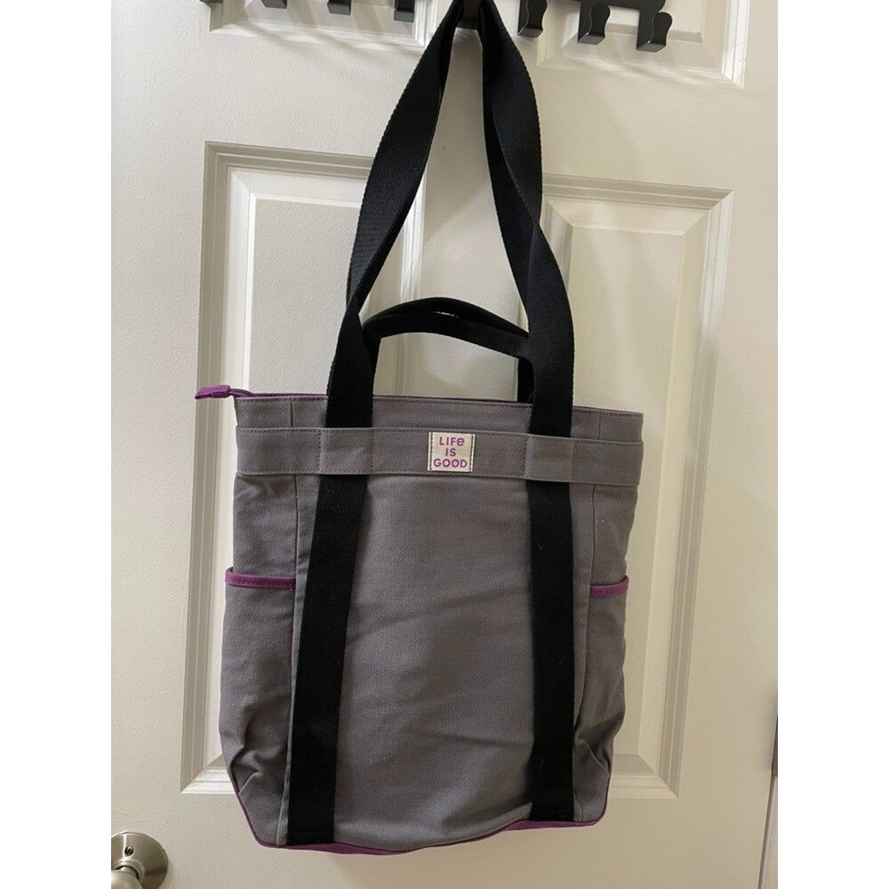 New Life Is Good tote bag Canvas Purple/Gray Tote W/Flower Motif 14x15 Inches